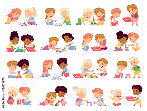 Children Sitting on the Floor in Nursery Playing Toy Blocks and Jigsaw Puzle Big Vector Set