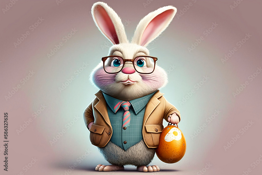 Easter bunny in jacket standing in colorful space holding big easter egg like a bag - obrazy, fototapety, plakaty 