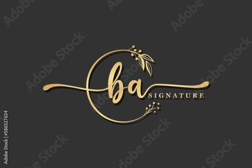 luxury gold signature initial ba logo design isolated leaf and flower photo