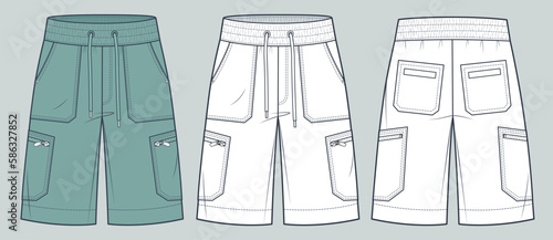 Short Cargo Pants technical fashion Illustration. Bermuda Shorts fashion flat technical drawing template, pocket, elastic waistband, front, back view, white, green, women, men, unisex CAD mockup set. 