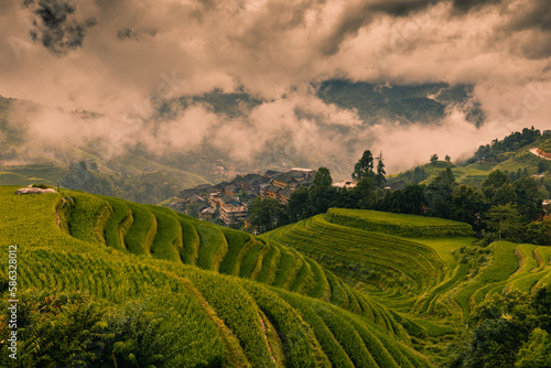 Landscape of terraced rice fields near Dazhai Village  Longji  China