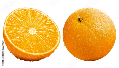 Laranja inteira e laranja cortada em fundo transparente - laranjas maduras suadas