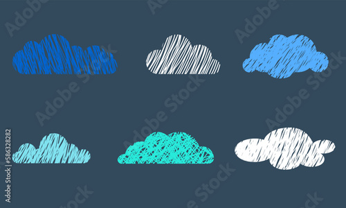 Silhouettes of clouds on a blue background, the inside of the fill is shaded with lines. 