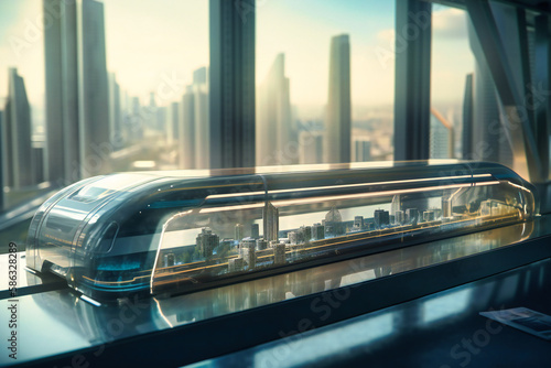 Magnetic levitation train effortlessly glides through a vacuum tunnel, traversing the city skyline with unprecedented efficiency photo