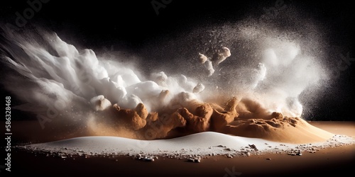 Fototapeta Naklejka Na Ścianę i Meble -  Beige and white powder explosion abstract background. Colored sand dust texture. Ai generated decorative Beige and white sand powder horizontal illustration.