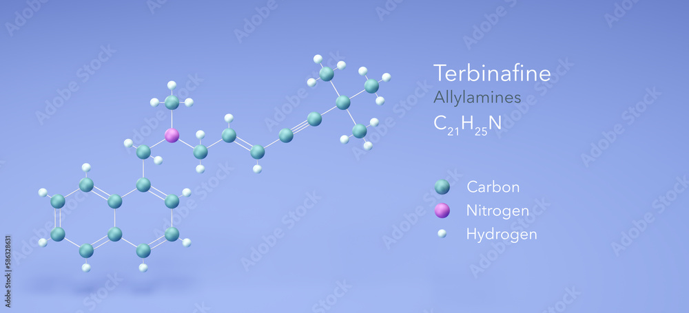 terbinafine molecule, molecular structures, antifungal medication, 3d model, Structural Chemical Formula and Atoms with Color Coding terbinafine molecule, molecular structures, antifungal medication, 3d model, Structural Chemical Formula and Atoms with Color Coding