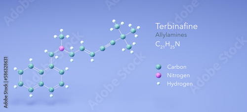 terbinafine molecule, molecular structures, antifungal medication, 3d model, Structural Chemical Formula and Atoms with Color Coding photo