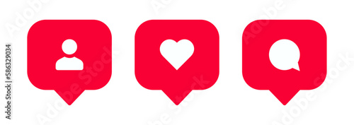 Social media notification icons in speech bubble, like, love, comment, follower icon signs - like chat bubbles social network post reactions collection set. Vector illustration