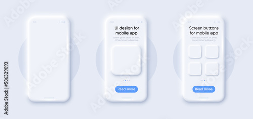 Phone screen mockups. Cellphone 3d frame with app templates. Smart phone application design with buttons. Mock up designs, smartphone screen 3d banners with buttons. Mobile phone technology. Vector