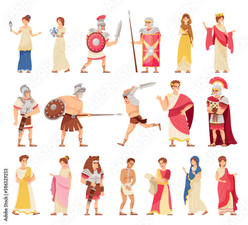 Romans Man and Woman in Traditional Ethnic Clothing with Warrior and Emperor Big Vector Set