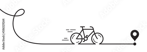 Bike line banner. Place location pointer. Bicycle road tour background. Cyclist journey travel illustration. Mountain active transport. Lifestyle sport bike journey. Bicycle race road. Vector