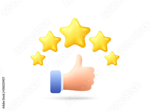 Customer satisfaction 3d icon. Quality review feedback with stars. Rate best service with thumb up hand. Client service review. Rate customer satisfaction, high quality. User feedback stars. Vector