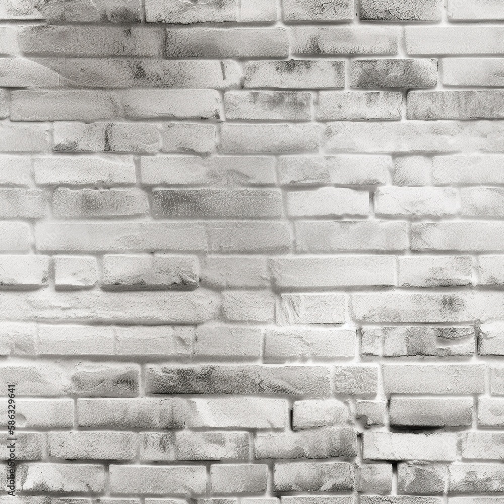 Fototapeta premium Old dirty and weathered white brick wall seamless pattern. Grey bricks. Endless texture. AI generative image.