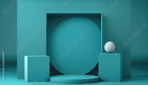 Empty podium  mock up placement display  blank beauty stand for cosmetic product fashion ads on minimal turquoise color background. Luxury pedestal stage mockup scene platform ai generative concept.