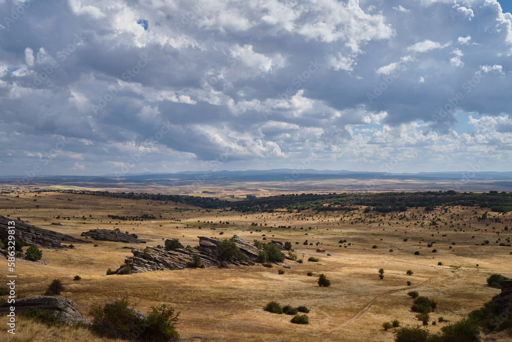 A view of an arid landscape from a hill
