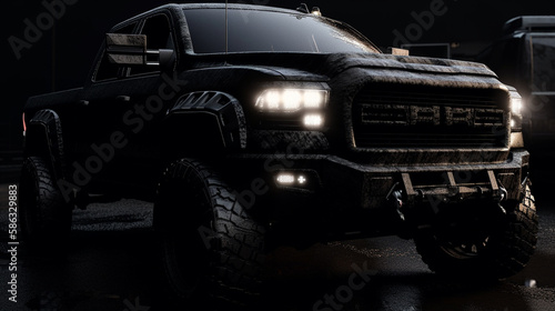Closeup on front of generic and unbranded cars black 4x4 truck, generative ai illustration