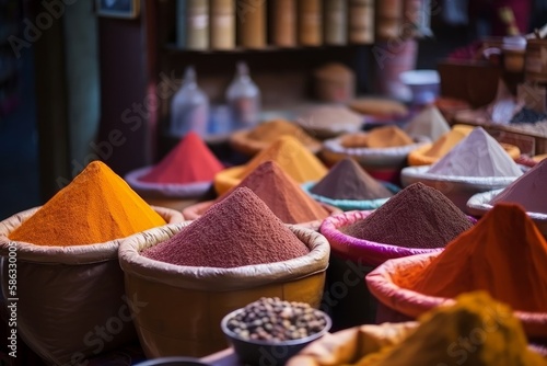 Spices on Eastern street market. Generative AI