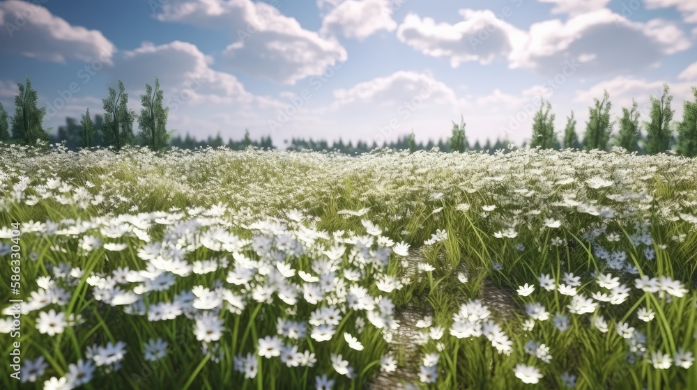 Dike with daisies in flower on island. Generative ai Dike with daisies in flower on island. Generative ai