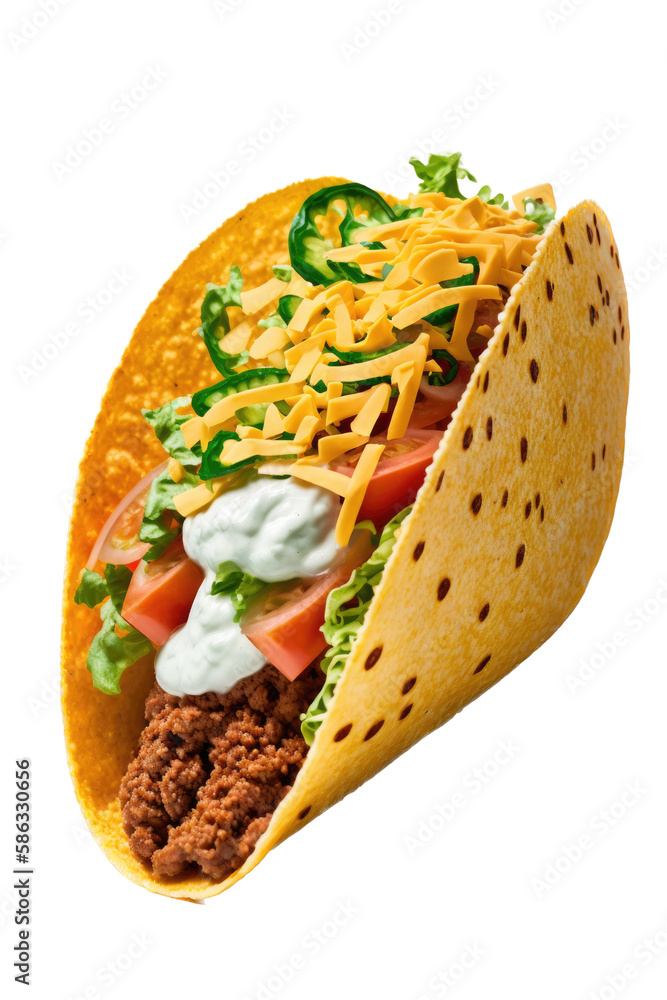 a summer-themed photographic illustration featuring an isolated corn tortilla taco with lettuce, tomato, onion, and cheese, set on a transparent background in PNG. Generative AI a summer-themed photographic illustration featuring an isolated corn tortilla taco with lettuce, tomato, onion, and cheese, set on a transparent background in PNG. Generative AI