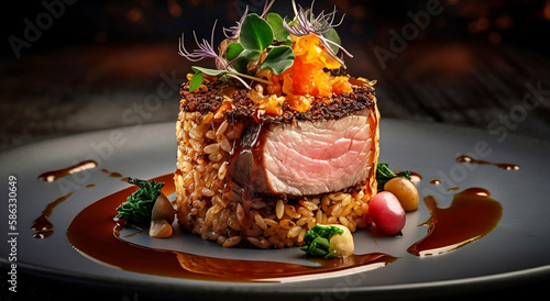 Fototapeta Naklejka Na Ścianę i Meble -  Filetsteak vom Rind im Reismantel – Gourmet Teller im Restaurant