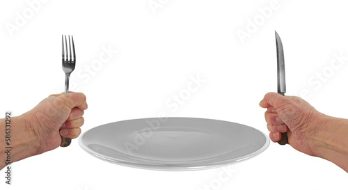 Dinner time with knife, fork and empty plate isolated on a transparent background