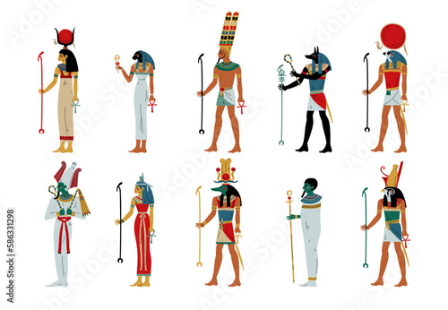 Set of Egyptian gods and goddesses. Osiris, Horus, Ra, Hathor, Ptah, Sekhmet, Maat ancient Egyptian deities vector illustration photo
