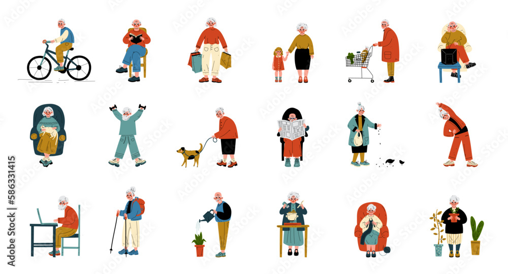 Fototapeta premium Elderly people hobbies set. Older men and women walking, reading books, cycling, shopping, gardening, cooking and knitting vector illustration