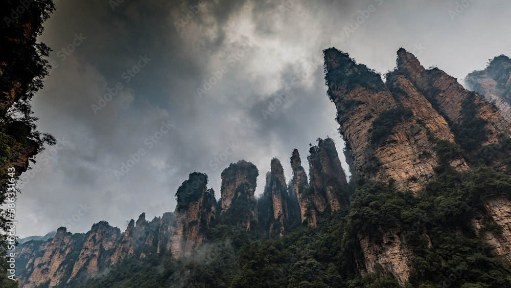 Amazing landscape of quartzite sandstone pillars near famous Bailong Elevator (Yuanjiajie Scenic Area), Wulingyuan, China
