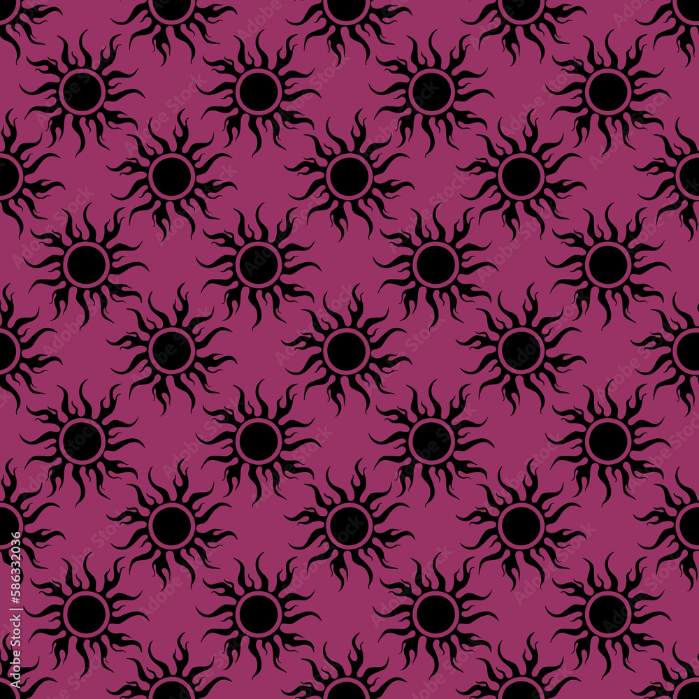 seamless symmetrical graphic pattern of black suns on purple background, texture, design seamless symmetrical graphic pattern of black suns on purple background, texture, design