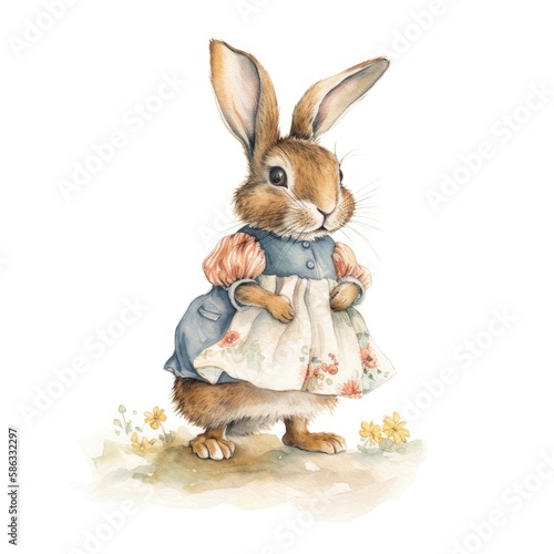 Cute watercolor rabbit on the lawn, childish illustration. Created with generative AI