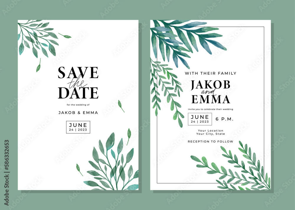 Set of wedding invitation cards. Watercolor templates with fern, leaves, tropical plants. Save the date card. Vector background for wedding invitation. Layout design with floral elements.
