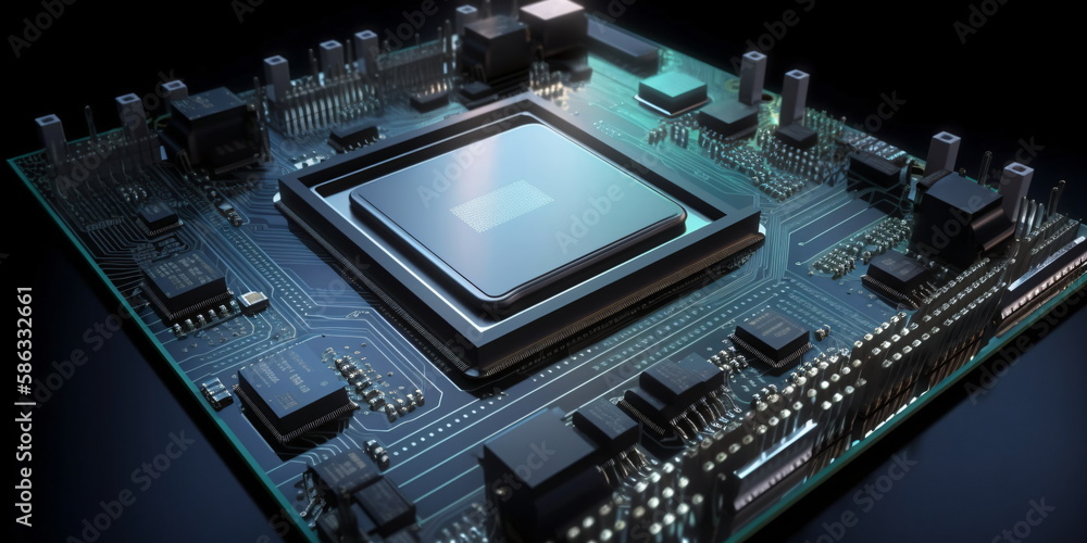 Fototapeta premium Prozessoren CPU auf Motherboard, Technologie Hintergrund, Chip auf Platine - mit KI erstellt