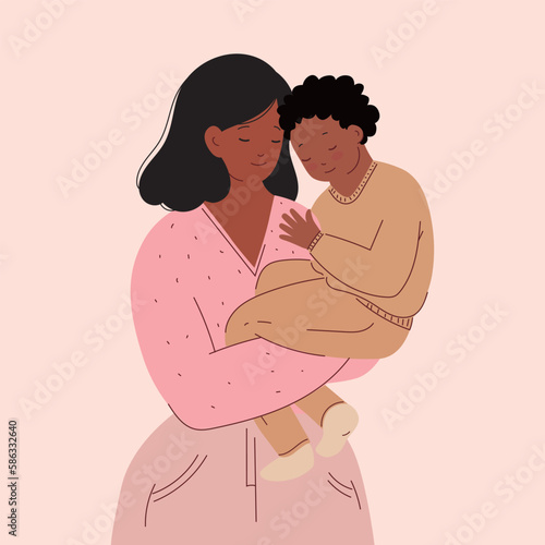 Mom holds her baby son in her arms. Mother and toddler. Concept of family, motherhood, childcare. Happy mother's day card. Vector illustration. Calm, happy African American family. Woman holding baby