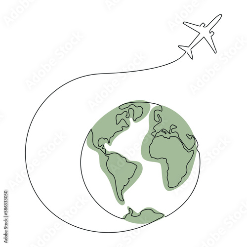 Plane flying around Earth drawn in one continuous line with color spot. One line drawing, minimalism. Vector illustration.