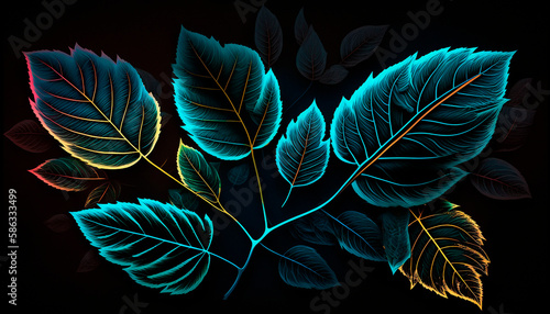 Image of leaves over blue neon on black background. Realistic illustration