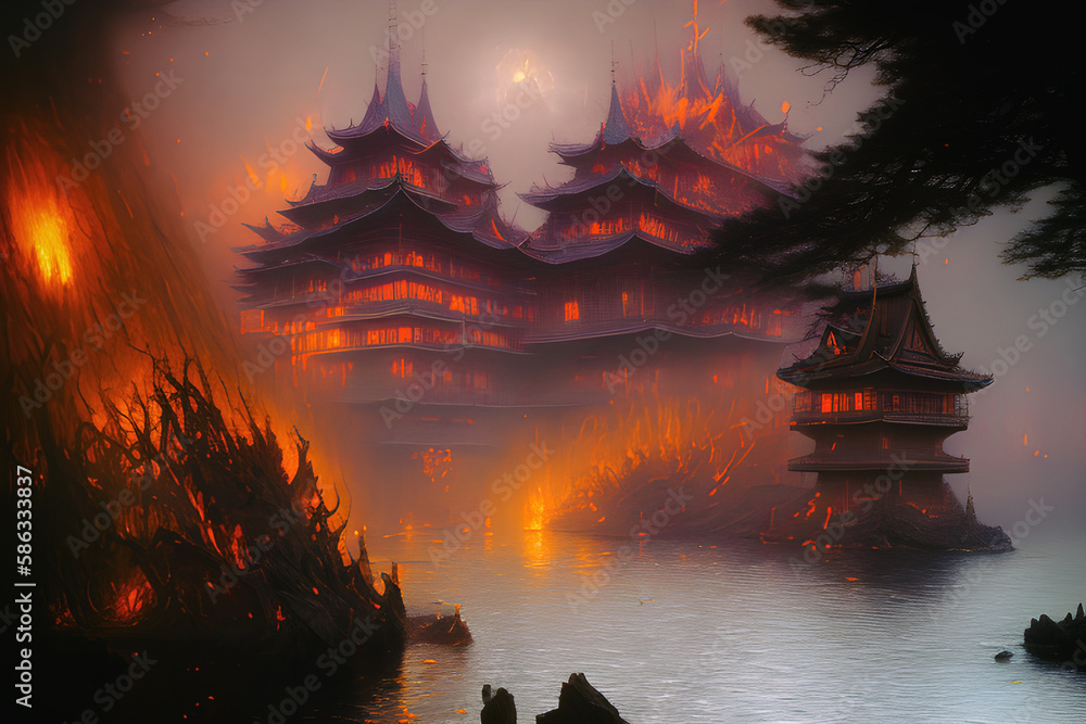 Japoński pałac w mrocznej scenerii. Orientalna świątynia w płomieniach. abstrakcja. Generative AI - obrazy, fototapety, plakaty 