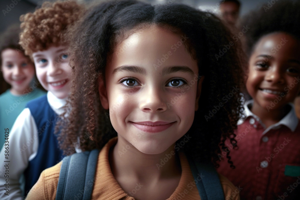 young girl with school bag or backpack, children in the background want to be in the photo, fictitious place. Generative AI young girl with school bag or backpack, children in the background want to be in the photo, fictitious place. Generative AI