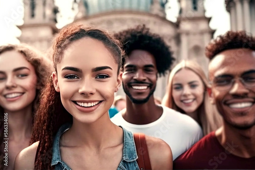 young adults with close-up selfie in front of a fictional building in fictional location, group photo selfie. Generative AI