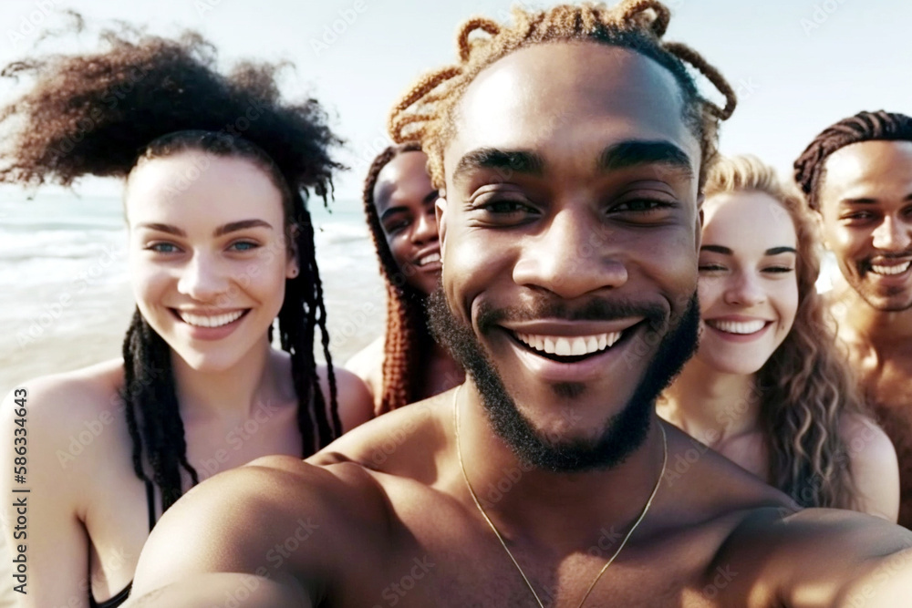 friends in the group by the water, fictional location. Generative AI friends in the group by the water, fictional location. Generative AI