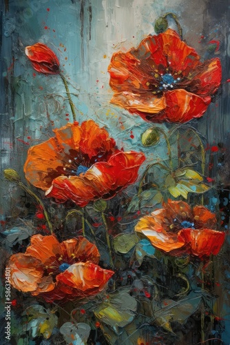 Watercolor red poppies oil painting.Created with generative AI