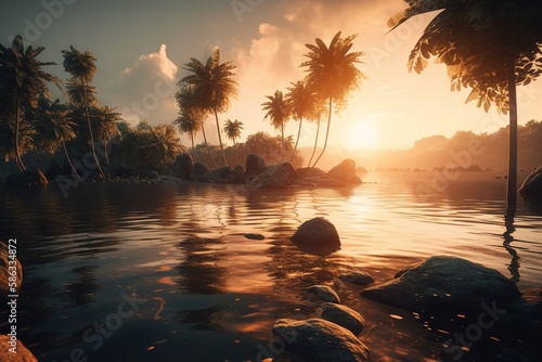 Paradise Island with Palm Trees at Sunset