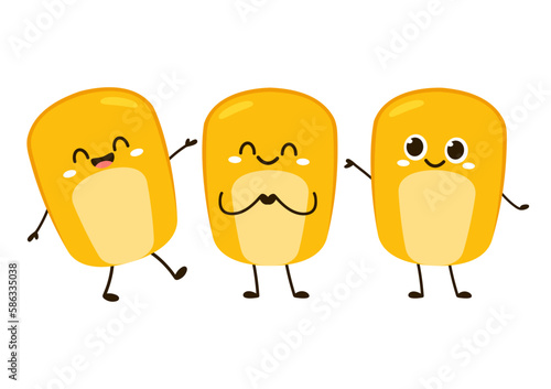 Corn kernels mascot, food cartoon illustration, with different facial expressions and poses, isolated on white background.