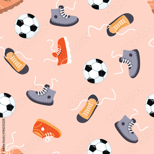 Sports seamless pattern with a soccer ball and sneakers.Colored shoes of various types with laces.Pink background.Suitable for a sports store or website.Vector print on fabric and paper.