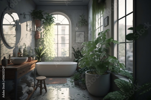 Contemporary bathroom with freestanding bathtub interior design urban jungle style. AI generative