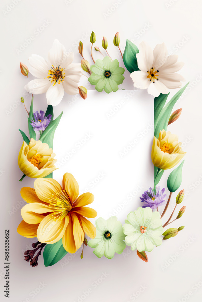 Colorful flowers on white background. Frame for Mothers day, International Womens Day, 8 March, Valentines Day, birthday, wedding background. Flower border for invitation. AI generative.