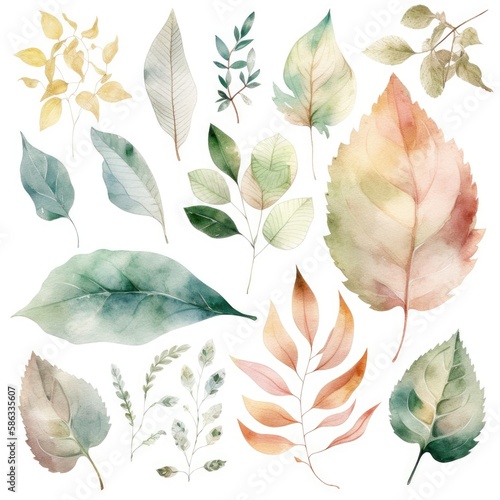 Set of isolated watercolor leaves clipart.Created with generative AI