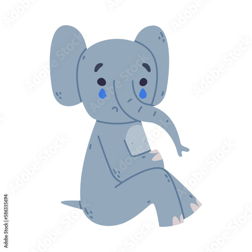 Funny Elephant with Large Ear Flaps and Trunk Crying Feeling Sad Dropping Tears Vector Illustration