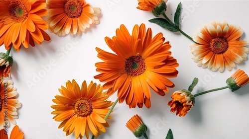 Orange flowers on a white background in a top view Generative AI