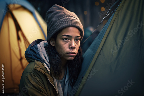 young adult woman or teenage girl, tents in a side street of a city, fictional location. Generative AI