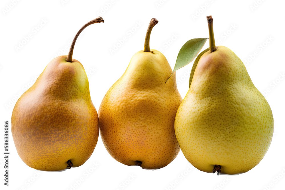 a summer-themed illustration photo featuring three isolated juicy yellow, green, and red pear fruits arranged with leaves set on a transparent background in PNG. Generative AI a summer-themed illustration photo featuring three isolated juicy yellow, green, and red pear fruits arranged with leaves set on a transparent background in PNG. Generative AI